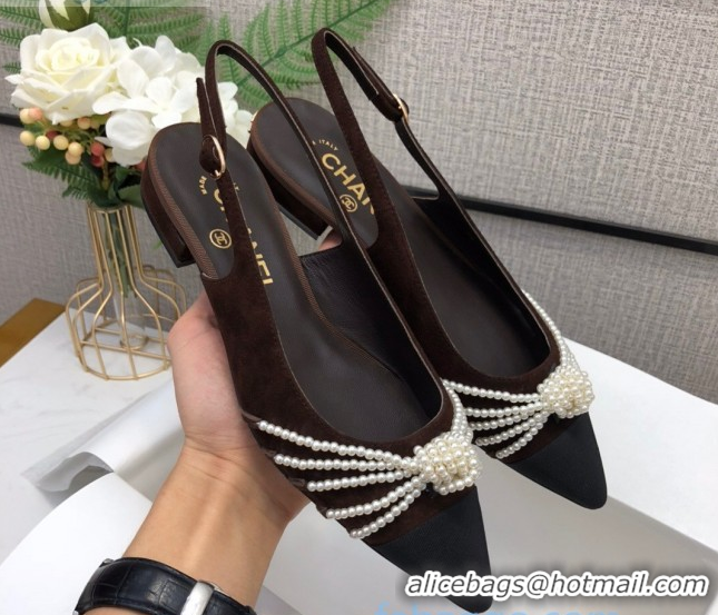 Popular Style Chanel Suede Pearl Knot Flat Slingbacks G36467 Brown 2020