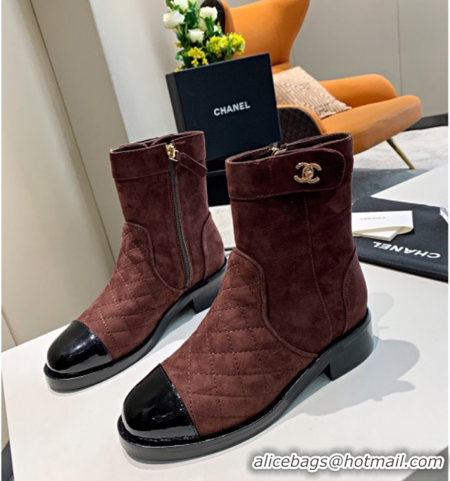 Grade Chanel Quilted Suede CC Buckle Short Boots G36763 Brown/Black 2020