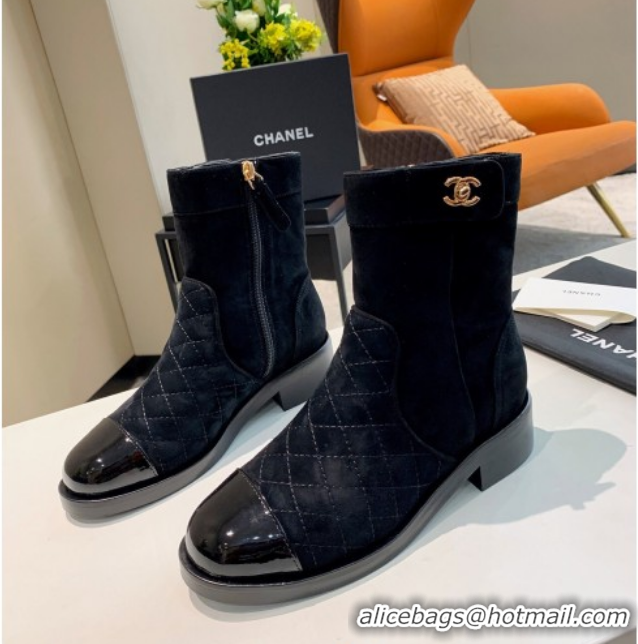 Duplicate Chanel Quilted Suede CC Buckle Short Boots G36763 Navy Blue 2020