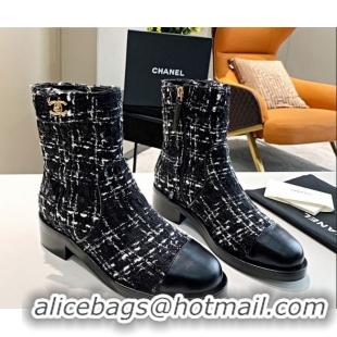 Crafted Chanel Tweed CC Buckle Short Boots G36763 White/Black 2020