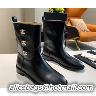 Luxury Chanel Calfskin CC Buckle Side Short Boots 102139 Black 2020