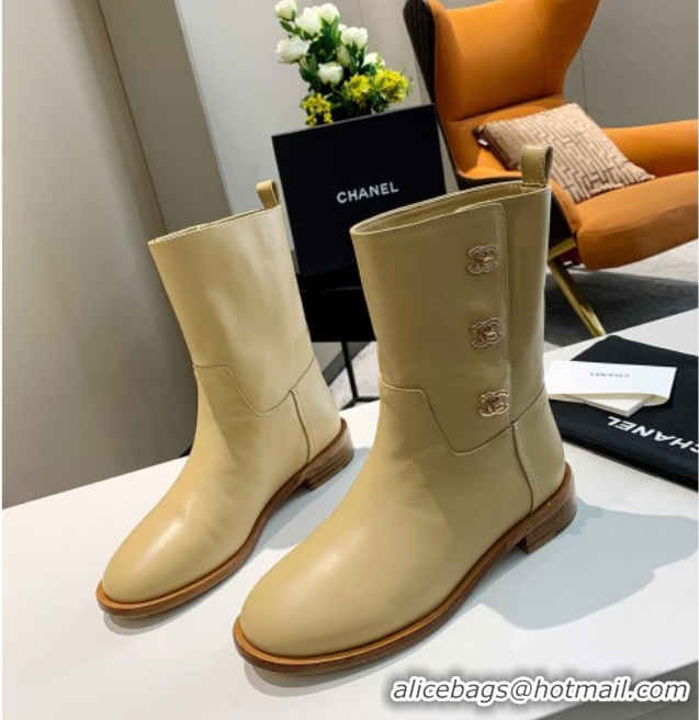 Duplicate Chanel Calfskin CC Buckle Side Short Boots 102139 Apricot 2020