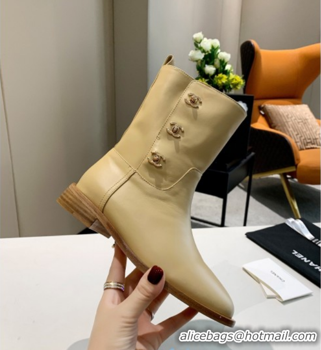 Duplicate Chanel Calfskin CC Buckle Side Short Boots 102139 Apricot 2020