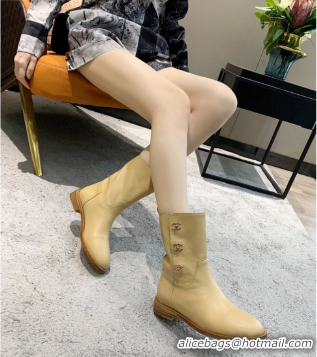 Duplicate Chanel Calfskin CC Buckle Side Short Boots 102139 Apricot 2020