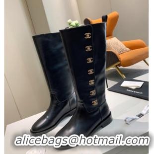 AAAAA Chanel Calfskin CC Buckle Side High Boots Black 102141