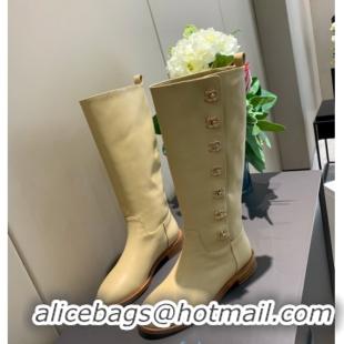 Hot Sale Chanel Calfskin CC Buckle Side High Boots 102141 Apricot 