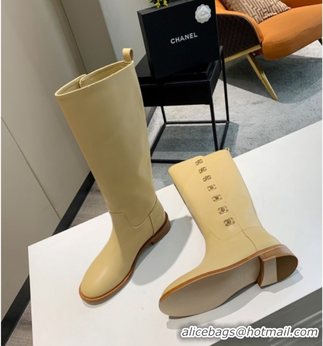 Hot Sale Chanel Calfskin CC Buckle Side High Boots 102141 Apricot 