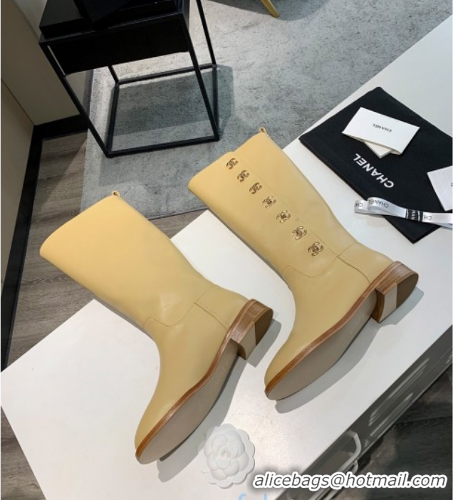 Hot Sale Chanel Calfskin CC Buckle Side High Boots 102141 Apricot 