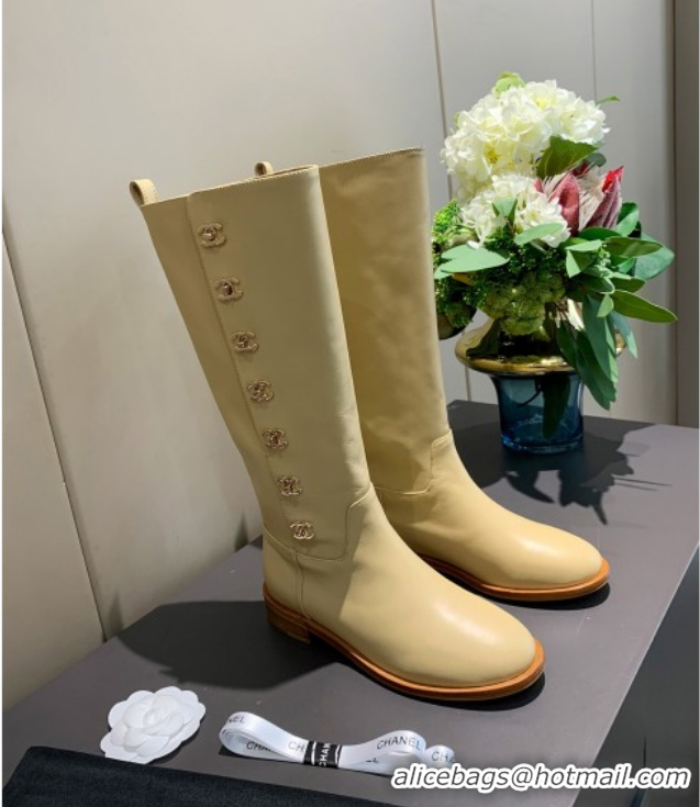 Hot Sale Chanel Calfskin CC Buckle Side High Boots 102141 Apricot 