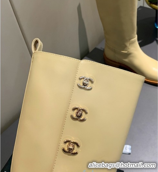 Hot Sale Chanel Calfskin CC Buckle Side High Boots 102141 Apricot 