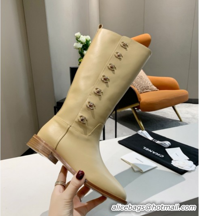 Hot Sale Chanel Calfskin CC Buckle Side High Boots 102141 Apricot 