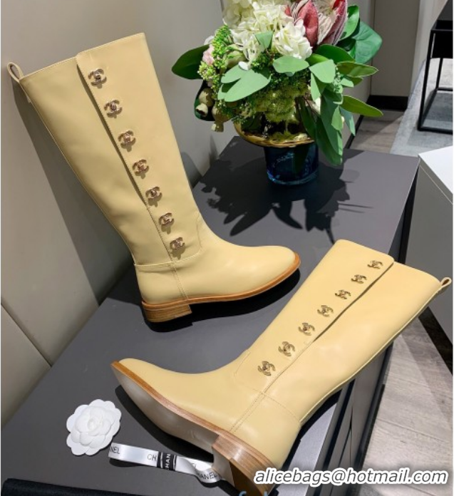 Hot Sale Chanel Calfskin CC Buckle Side High Boots 102141 Apricot 