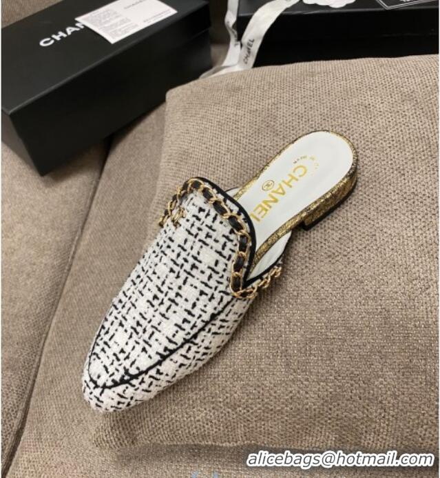 Best Price Chanel Tweed Flat Mules with Chain Charm 02146 Black/White