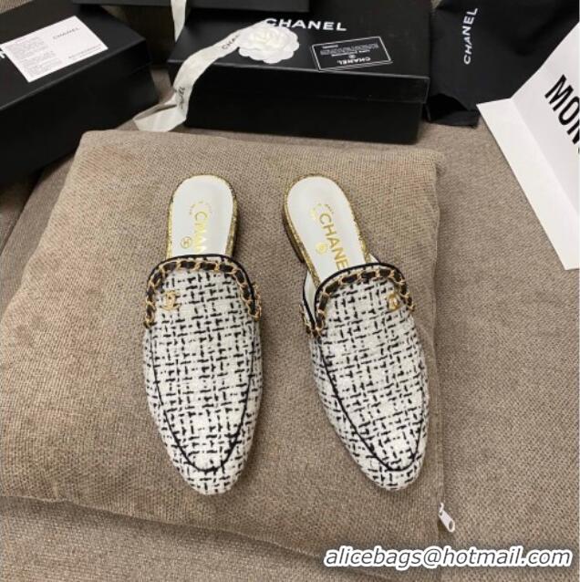 Best Price Chanel Tweed Flat Mules with Chain Charm 02146 Black/White