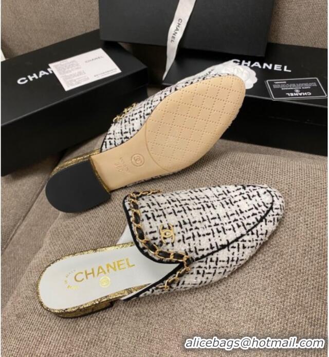 Best Price Chanel Tweed Flat Mules with Chain Charm 02146 Black/White