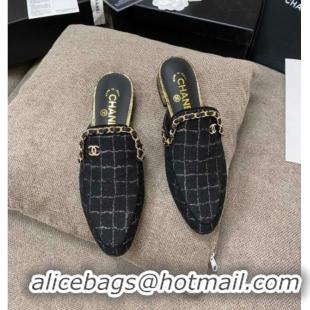 Super Quality Chanel Checked Tweed Flat Mules with Chain Charm 02146 Black