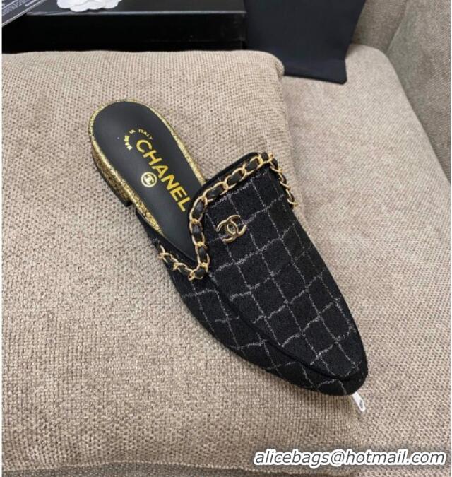 Super Quality Chanel Checked Tweed Flat Mules with Chain Charm 02146 Black