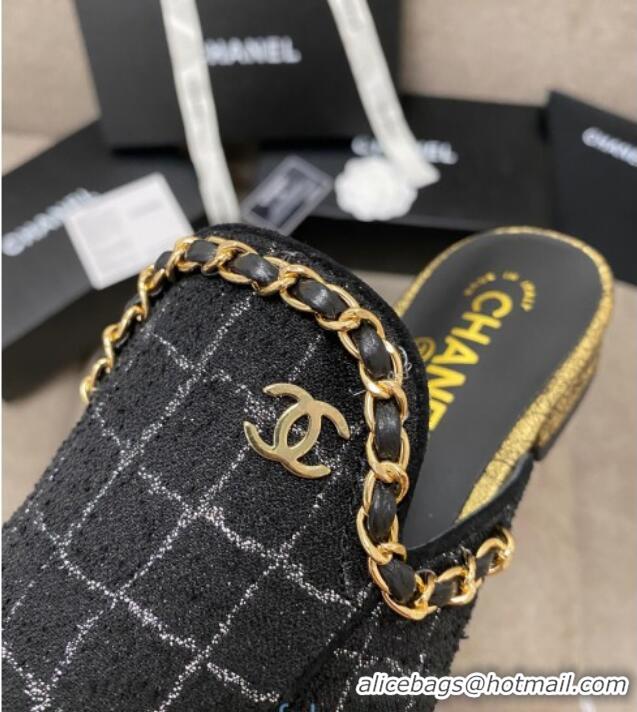 Super Quality Chanel Checked Tweed Flat Mules with Chain Charm 02146 Black