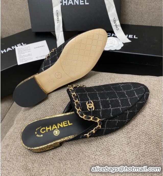 Super Quality Chanel Checked Tweed Flat Mules with Chain Charm 02146 Black