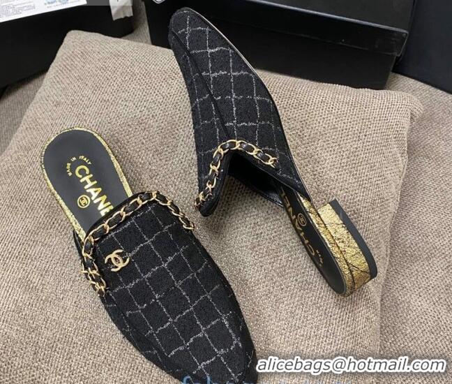 Super Quality Chanel Checked Tweed Flat Mules with Chain Charm 02146 Black