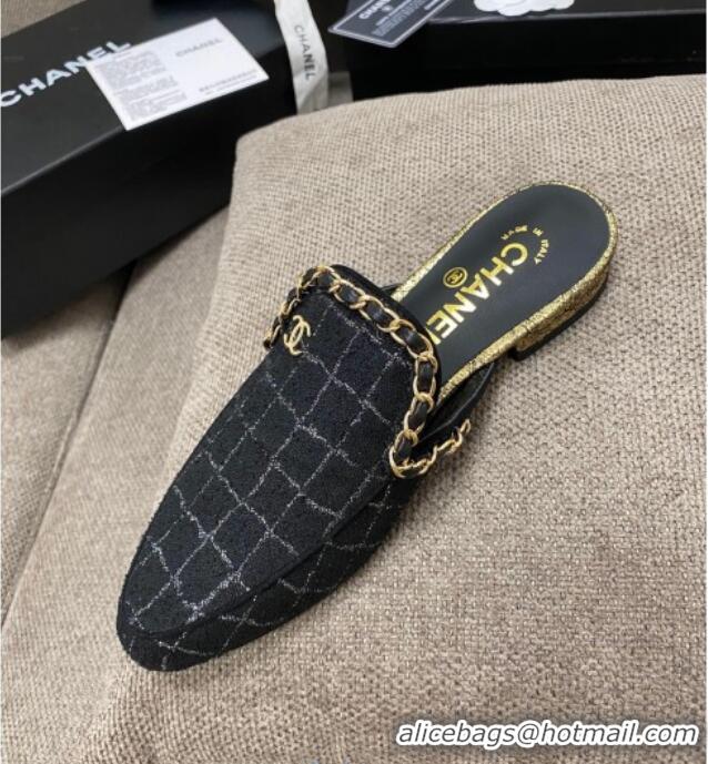 Super Quality Chanel Checked Tweed Flat Mules with Chain Charm 02146 Black