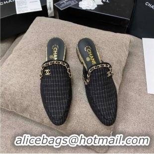 Sumptuous Chanel Checked Tweed Flat Mules with Chain Charm 02146 Black