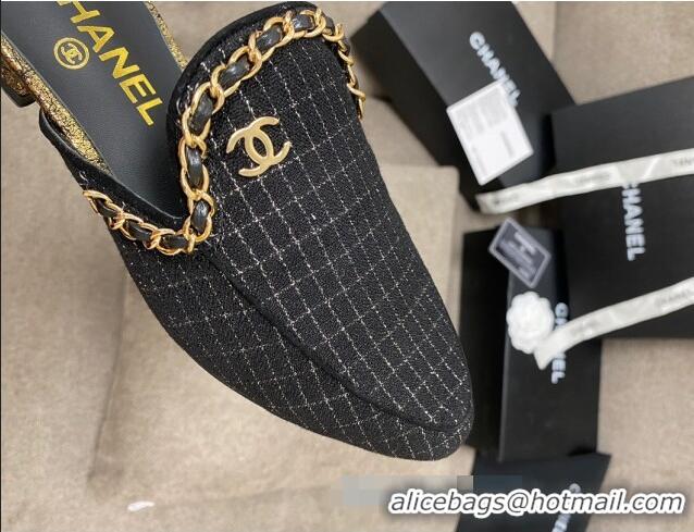 Sumptuous Chanel Checked Tweed Flat Mules with Chain Charm 02146 Black