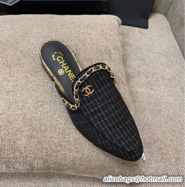 Sumptuous Chanel Checked Tweed Flat Mules with Chain Charm 02146 Black