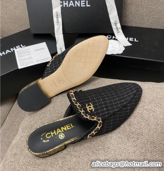 Sumptuous Chanel Checked Tweed Flat Mules with Chain Charm 02146 Black