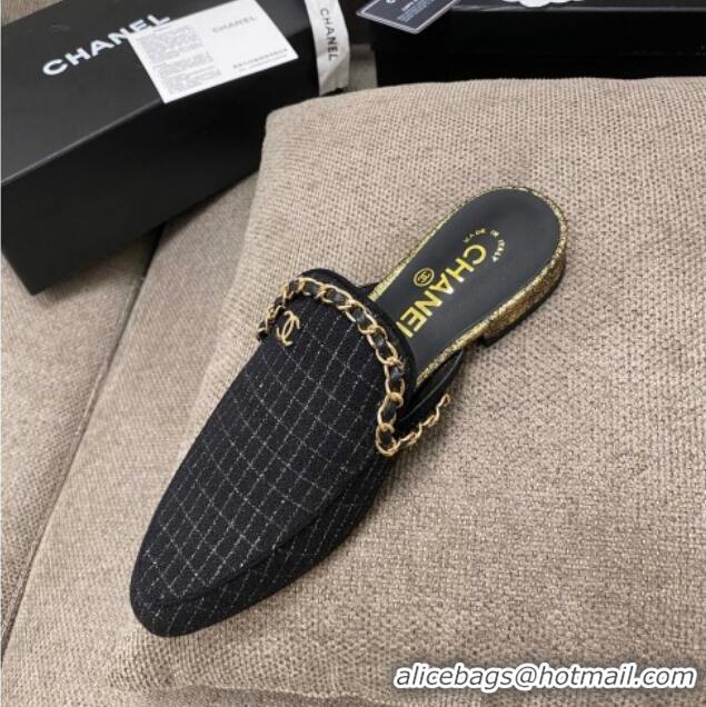 Sumptuous Chanel Checked Tweed Flat Mules with Chain Charm 02146 Black