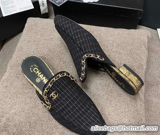 Sumptuous Chanel Checked Tweed Flat Mules with Chain Charm 02146 Black