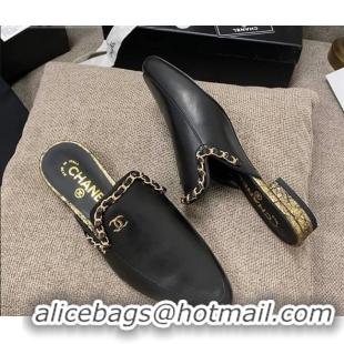 Duplicate Chanel Leather Flat Mules with Chain Charm 02146 Black