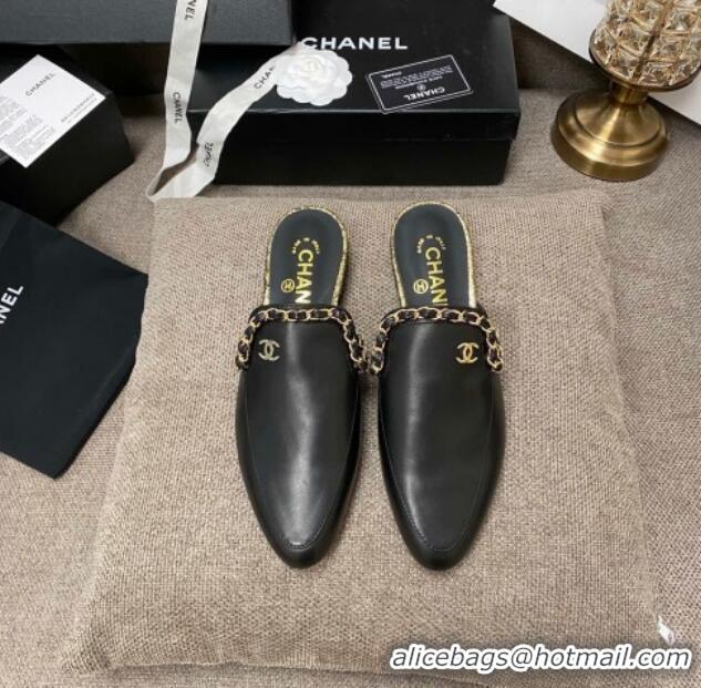 Duplicate Chanel Leather Flat Mules with Chain Charm 02146 Black