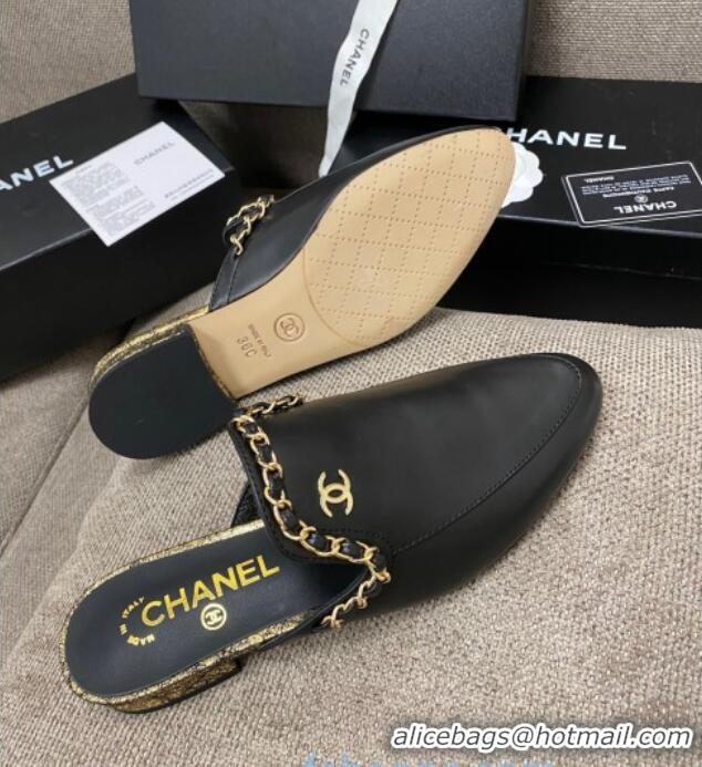 Duplicate Chanel Leather Flat Mules with Chain Charm 02146 Black