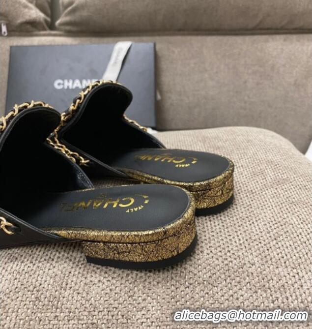 Duplicate Chanel Leather Flat Mules with Chain Charm 02146 Black