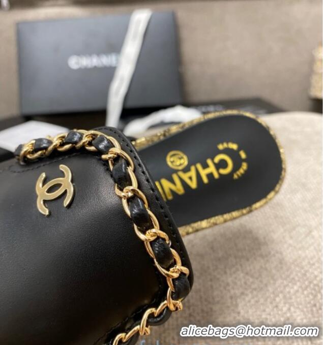 Duplicate Chanel Leather Flat Mules with Chain Charm 02146 Black