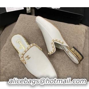 Grade Chanel Leather Flat Mules with Chain Charm 02146 White