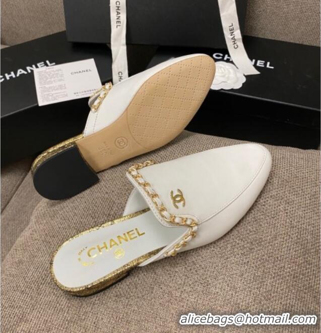 Grade Chanel Leather Flat Mules with Chain Charm 02146 White