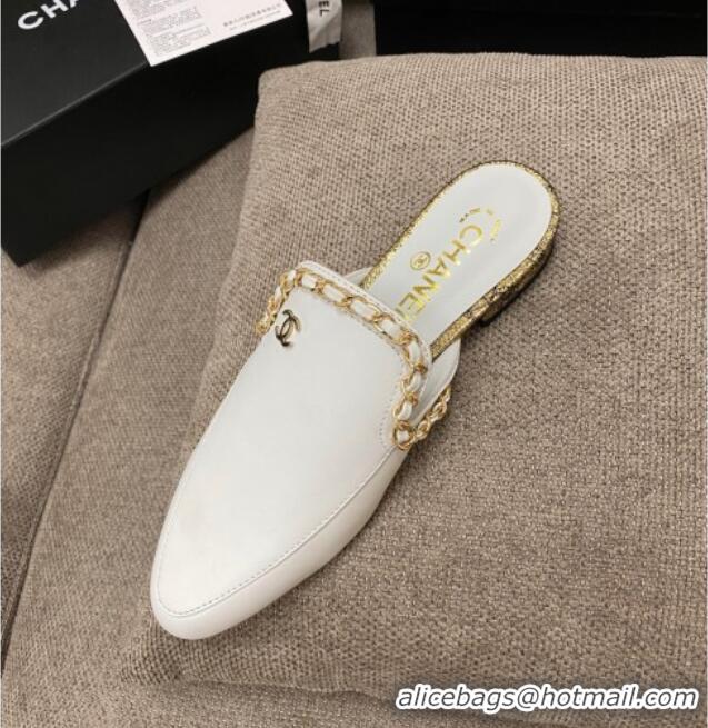 Grade Chanel Leather Flat Mules with Chain Charm 02146 White