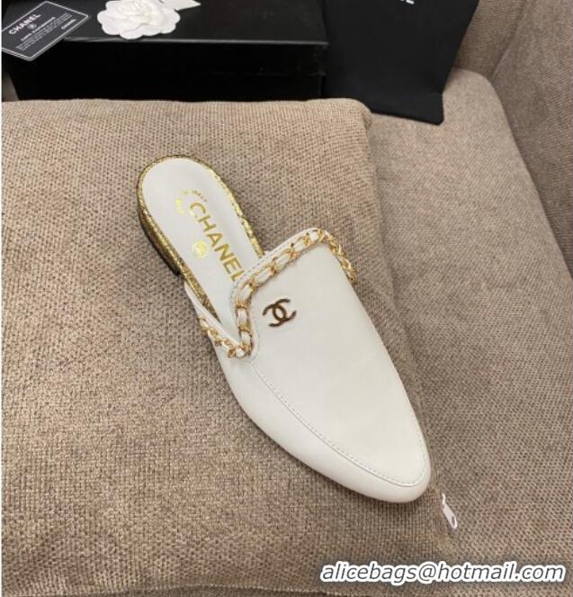 Grade Chanel Leather Flat Mules with Chain Charm 02146 White