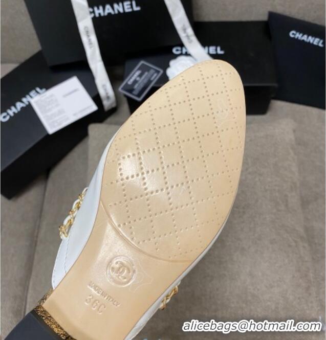 Grade Chanel Leather Flat Mules with Chain Charm 02146 White