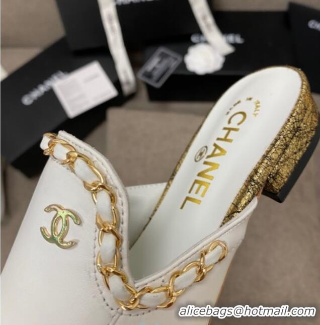 Grade Chanel Leather Flat Mules with Chain Charm 02146 White