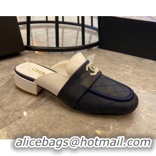 Top Quality Chanel Quilted Calfskin Matte Flat Mules 102156 Navy Blue/White