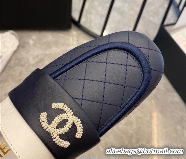 Top Quality Chanel Quilted Calfskin Matte Flat Mules 102156 Navy Blue/White