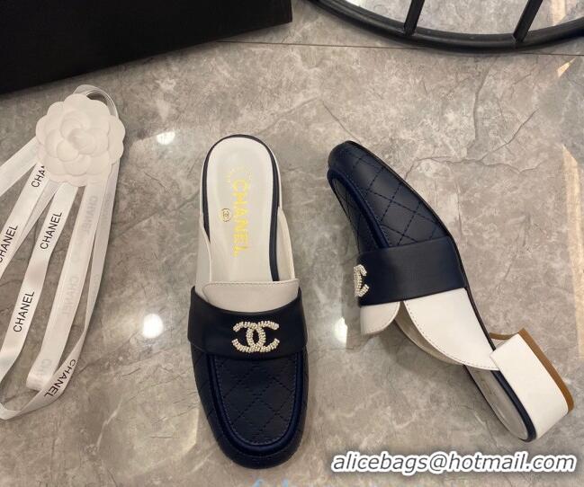 Top Quality Chanel Quilted Calfskin Matte Flat Mules 102156 Navy Blue/White