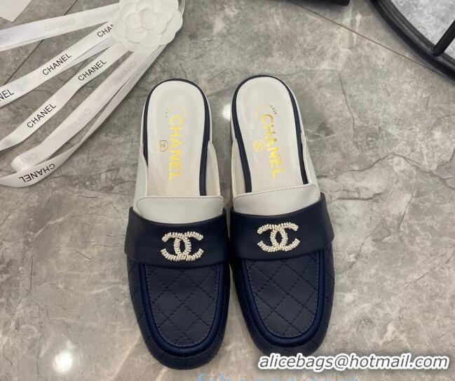 Top Quality Chanel Quilted Calfskin Matte Flat Mules 102156 Navy Blue/White