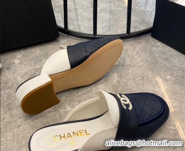 Top Quality Chanel Quilted Calfskin Matte Flat Mules 102156 Navy Blue/White