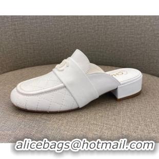 Good Product Chanel Quilted Calfskin Matte Flat Mules 102157 All White