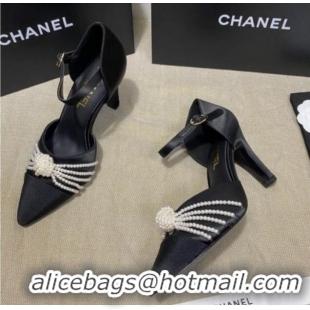 Low Cost Chanel Satin Pearl Knot Pumps with Straps G36466 Black 2020