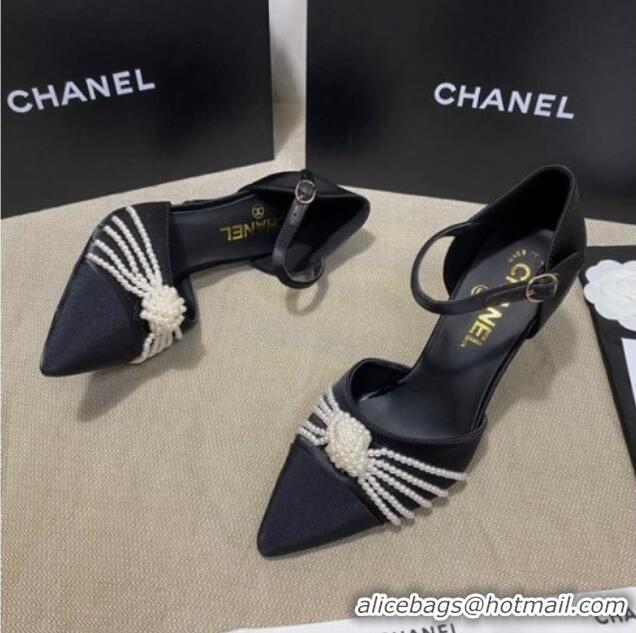 Low Cost Chanel Satin Pearl Knot Pumps with Straps G36466 Black 2020